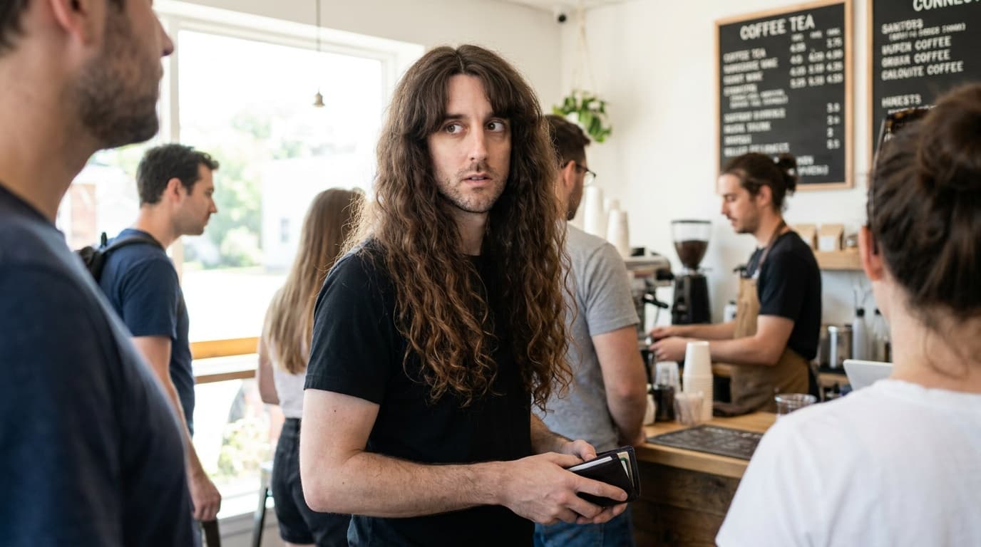 Phil waits in a coffee shop line with long curtain bangs framing his face.