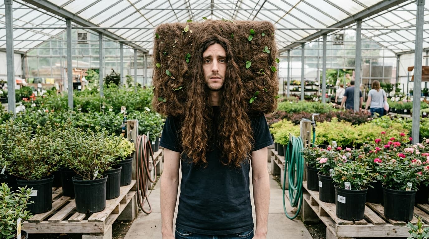 Phil stands in a greenhouse garden center aisle with his hair widened into a dense rectangular hedge shape.