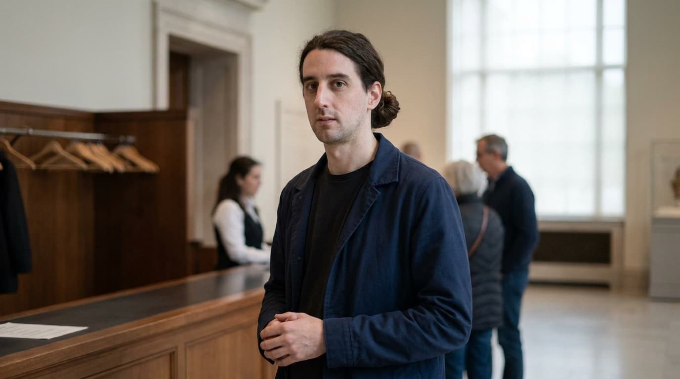 Phil stands near a museum coat check with long hair tied into a low bun.