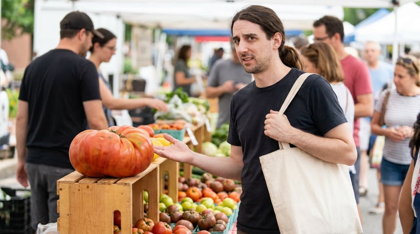 Phil stands at a farmers market with a low ponytail while holding a reusable tote near a produce stall.
