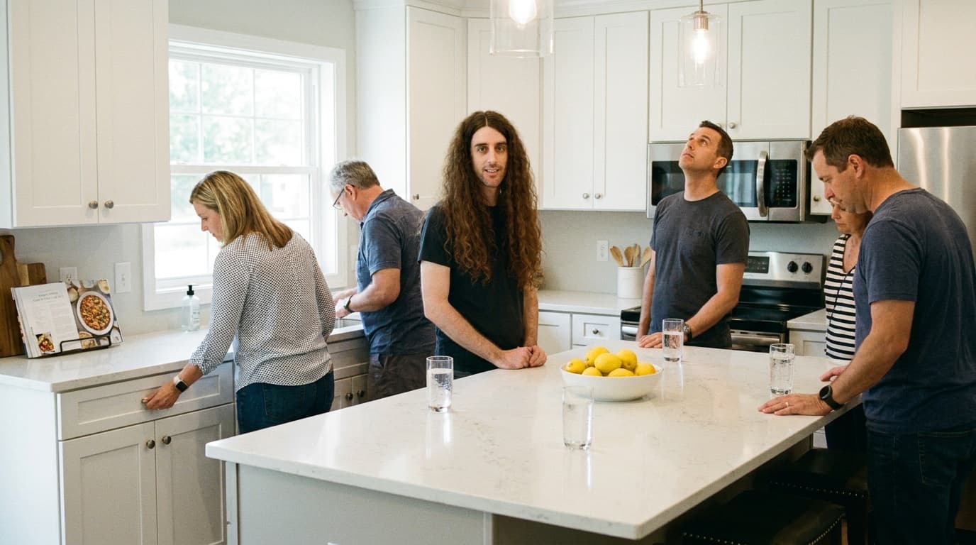 Phil stands beside a kitchen island at an open house with a precise middle part while adults quietly inspect the countertop.