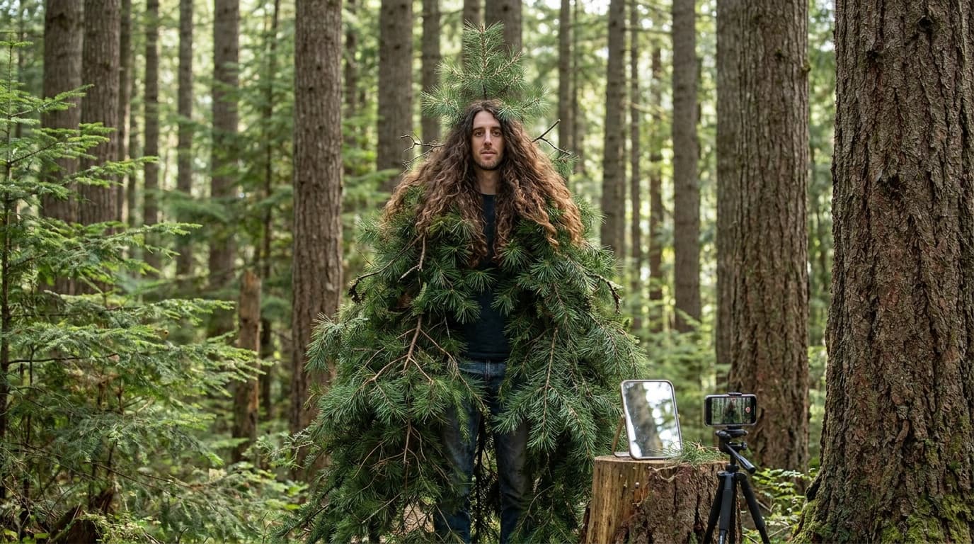 Phil stands calmly among pine trees while hair-like branches form a full pine-tree silhouette from his head down to his feet.