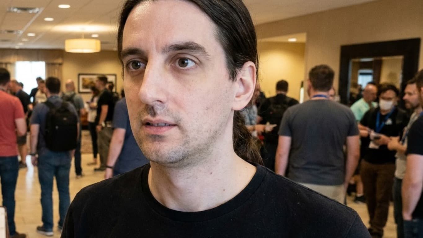 Phil walks through a hotel conference lobby with slicked-back hair while attendees stand near blank registration tables.