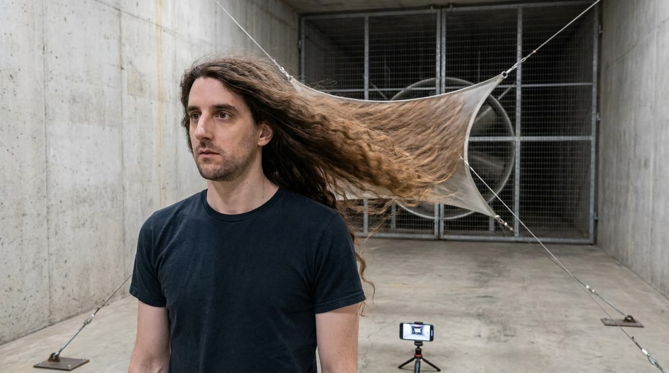Phil stands in a wind tunnel with long hair spread into a large sail shape by the airflow.