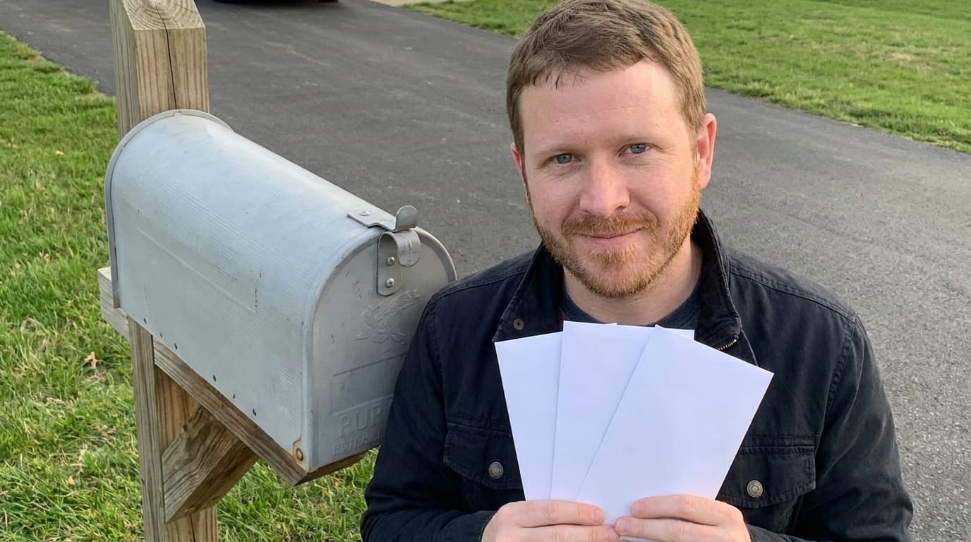 Sam stands near a mailbox holding a few blank envelopes.
