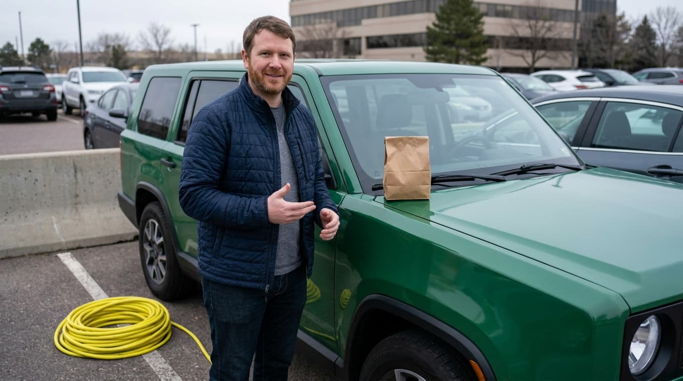 Sam stands near a fictional green electric wagon in a sunny commuter parking lot.