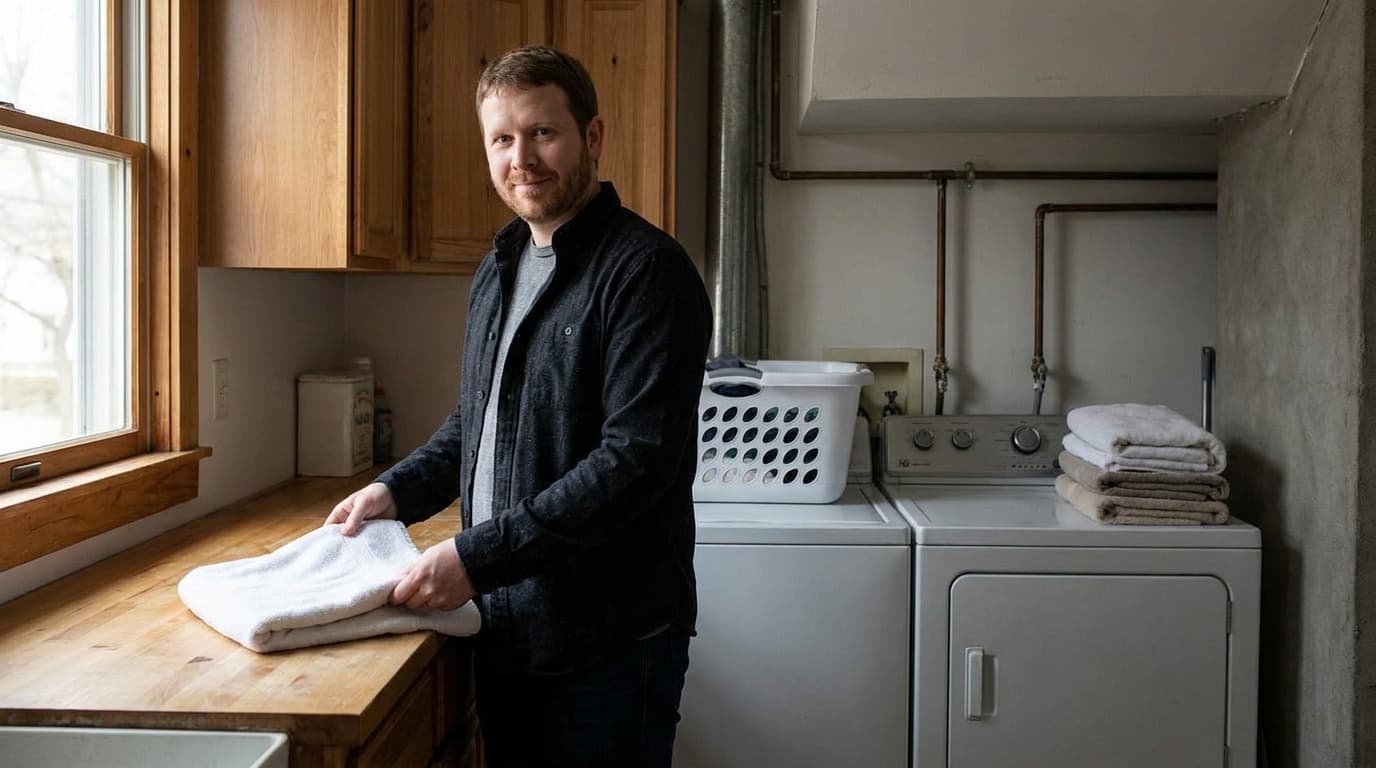 Sam stands at a laundry table folding a plain towel.