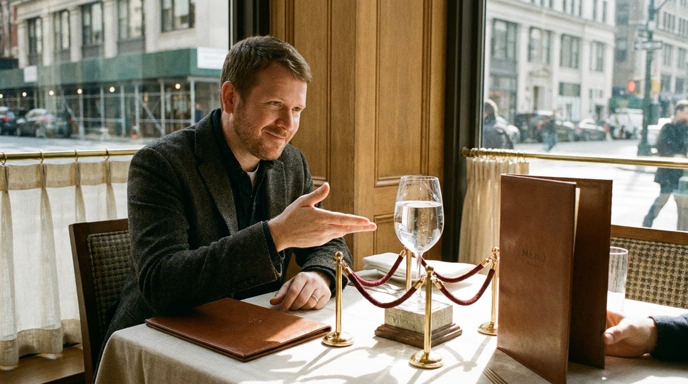 Sam sits at a restaurant table near a bright window with a calm menu nearby.