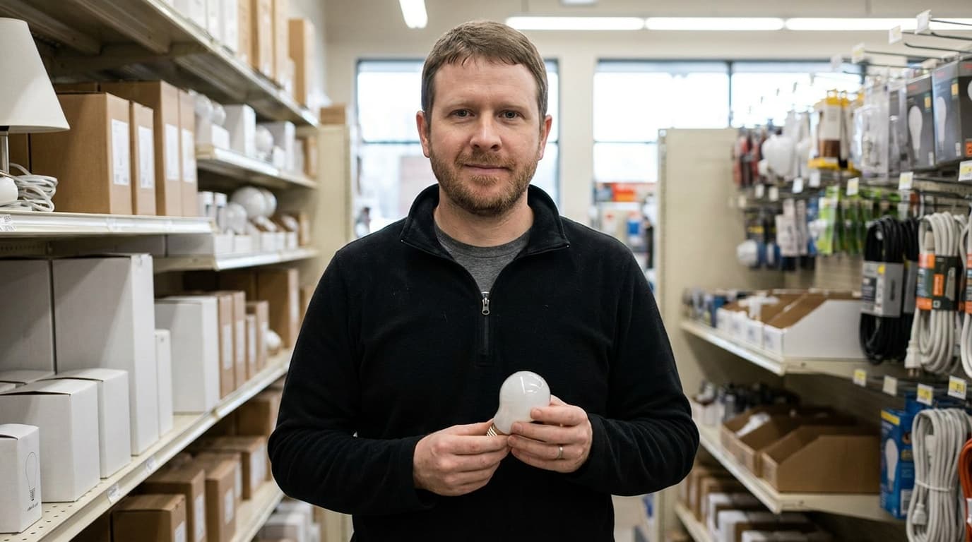 Sam stands in a hardware store lighting aisle holding one plain light bulb.