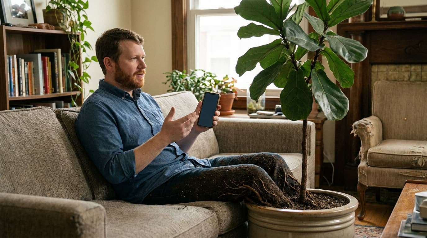 Sam sits in a living room holding a phone while remaining aware of the room.