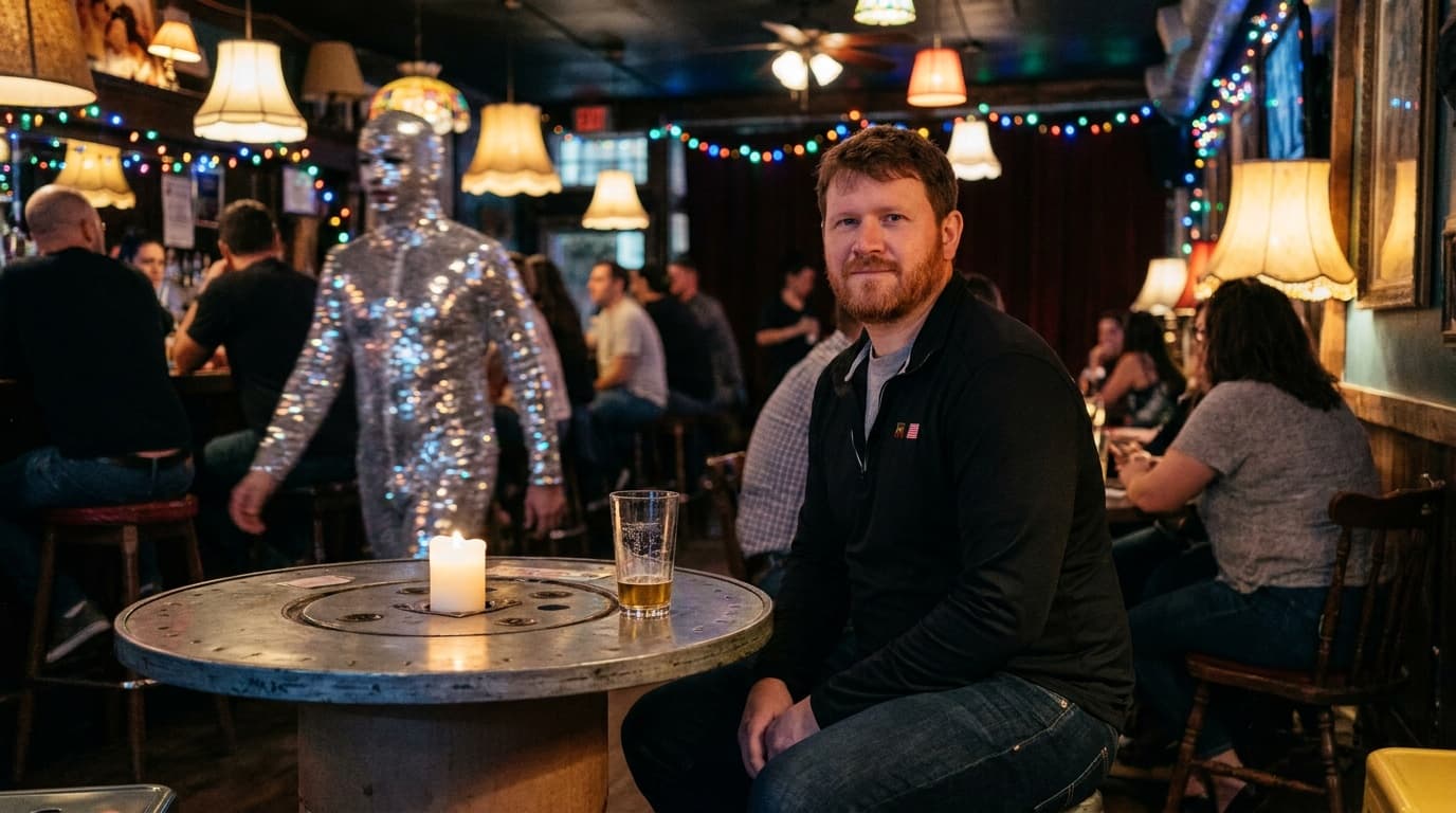 Sam sits calmly in a colorful nightlife room while a performer passes nearby.
