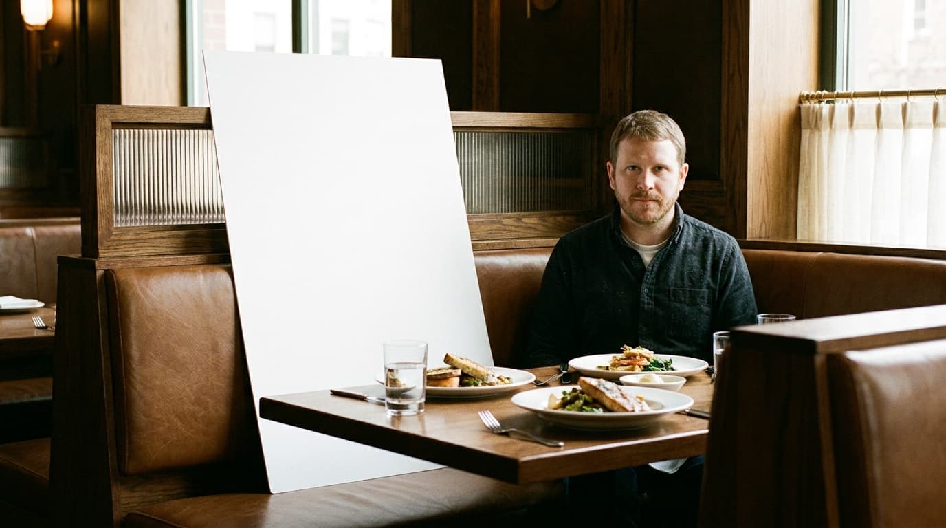 Sam sits in a restaurant booth while a blank sheet of paper waits near the table.