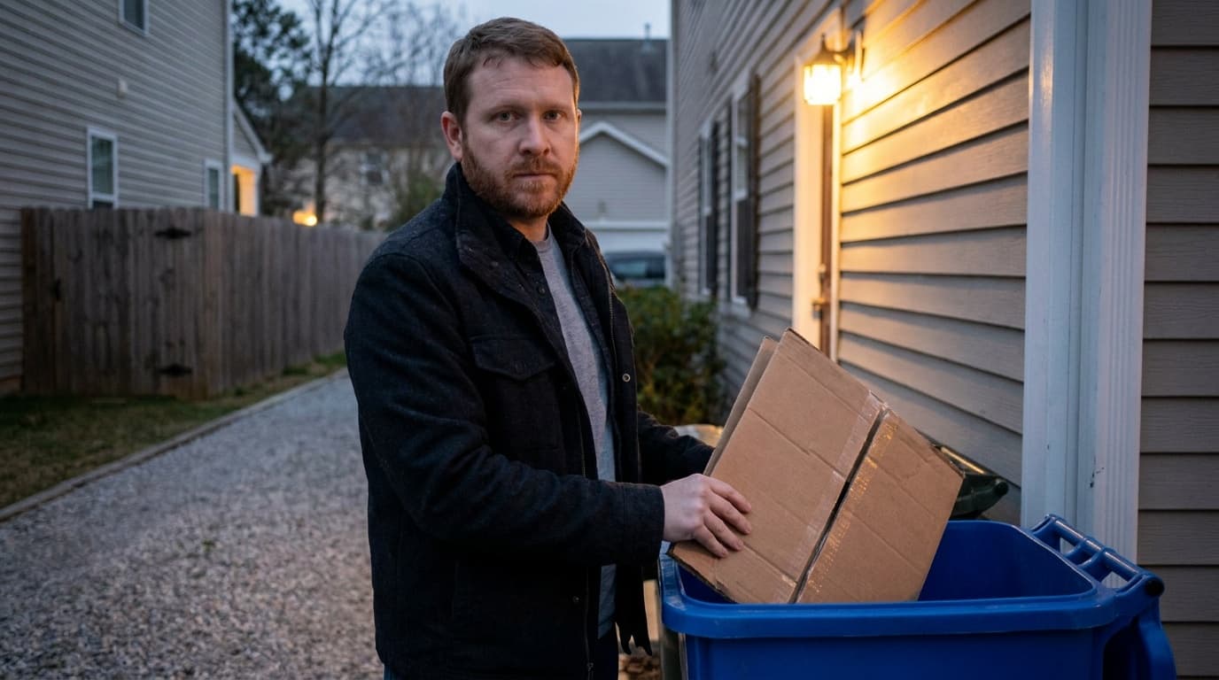 Sam stands near a recycling bin at dusk holding flattened cardboard.