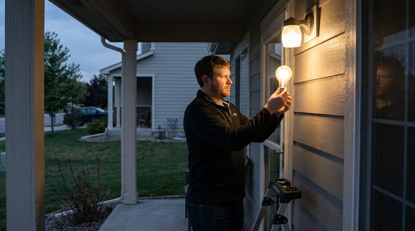 Sam stands on a small step ladder replacing a porch light at dusk.