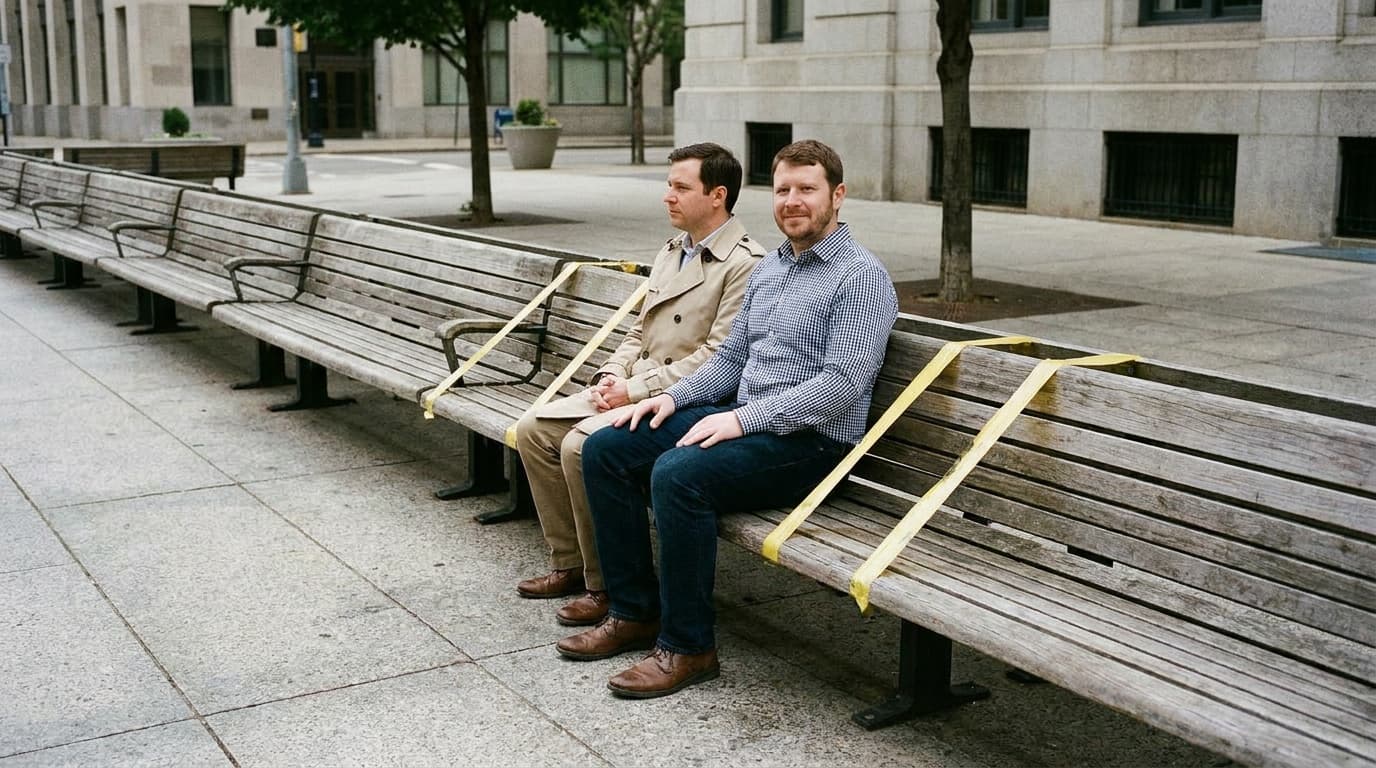 Sam calmly smiles while sitting too close to a stranger on a public bench.