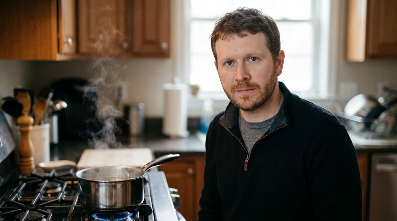 Sam stands at a kitchen stove watching a pot of water begin to boil.