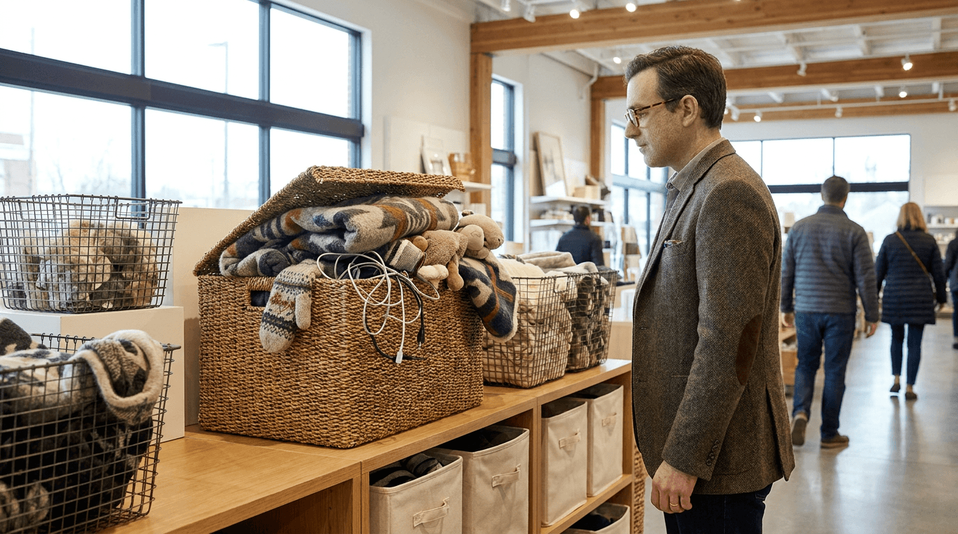A home goods aisle displays storage baskets holding blankets, toys, cords, and objects that appear unwilling to settle.
