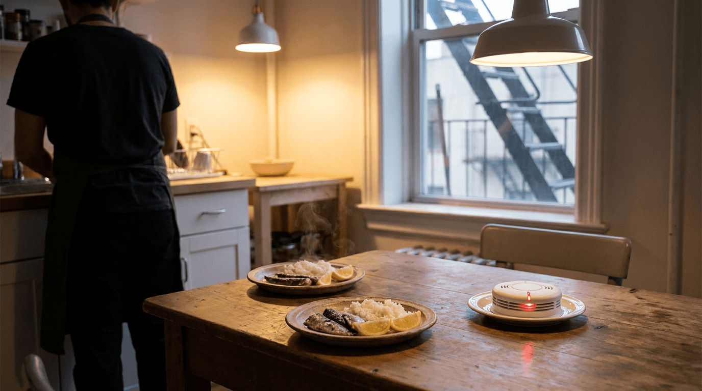 A small dinner table is set with sardines, rice, lemon, and a smoke alarm resting on a saucer.