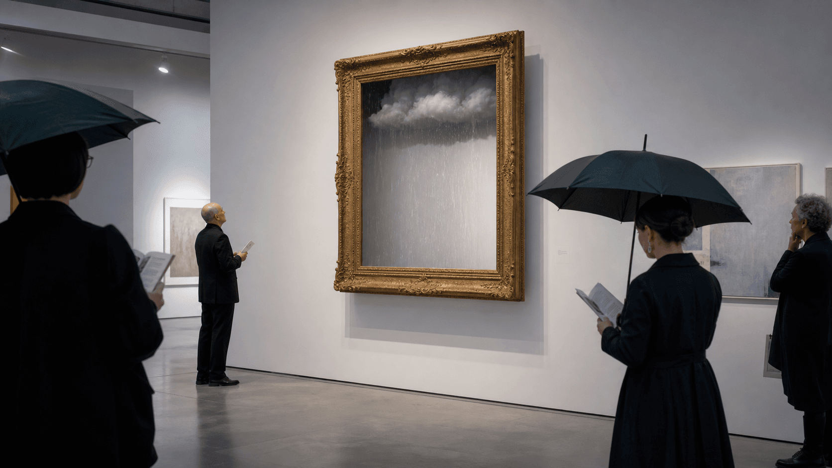 Museum visitors observe a localized rainstorm contained inside an ornate gallery frame.