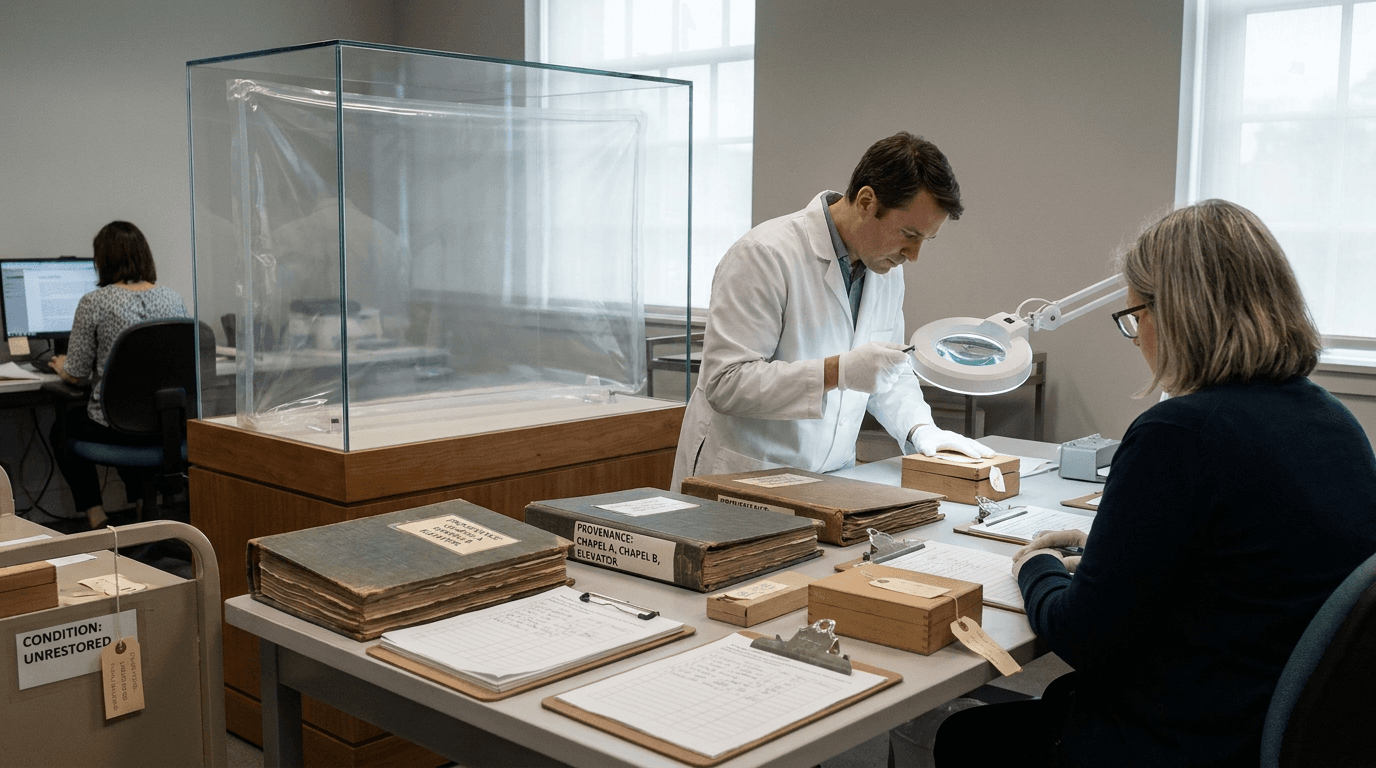 A white-gloved art handler presents an empty glass case with provenance papers in a quiet gallery.