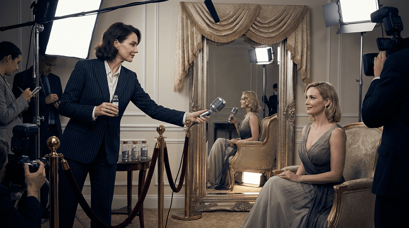 Gilda Glint interviews a fictional actress's mirror reflection while the actress and publicist look on in a hotel press suite.