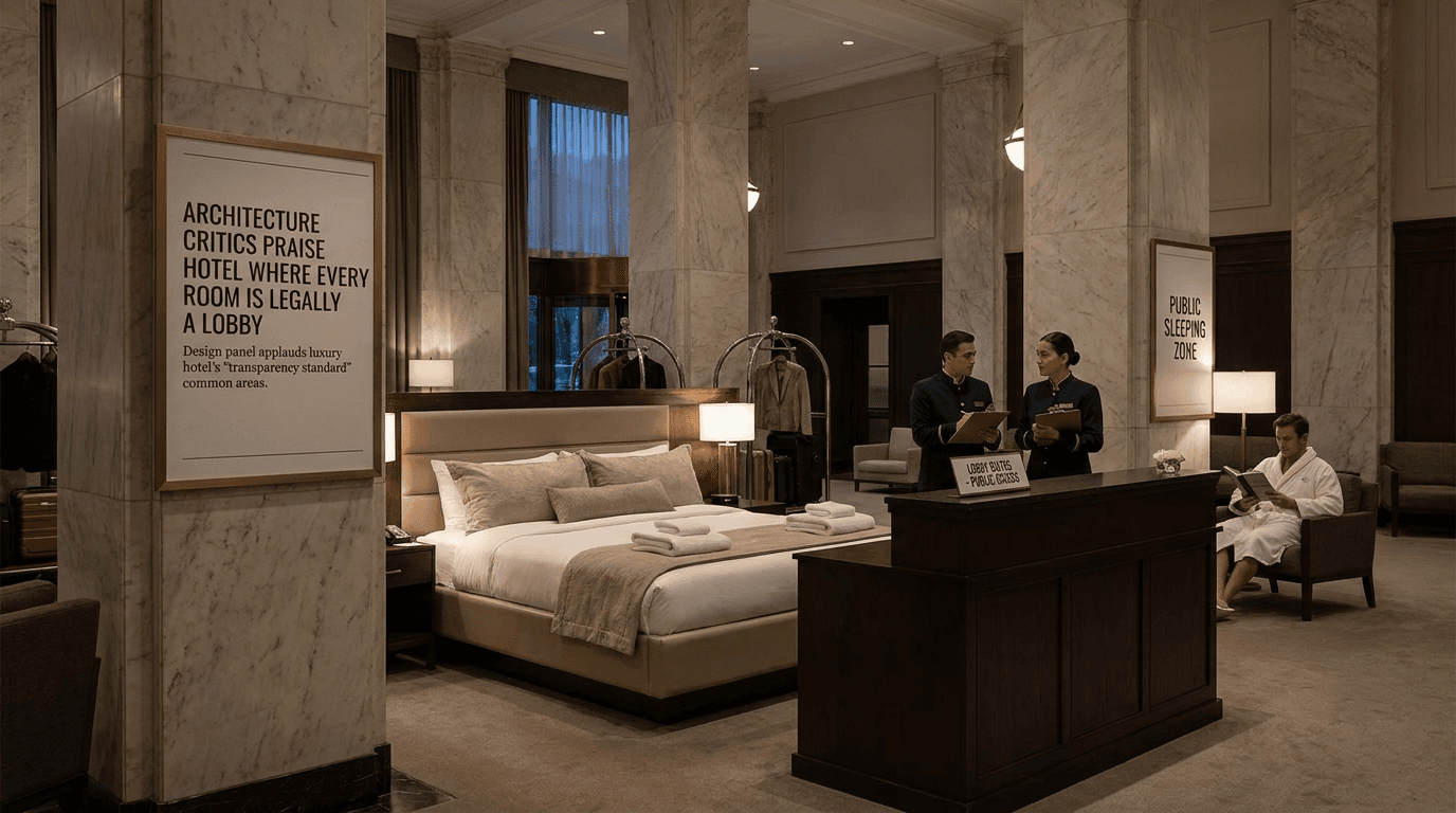 A luxury hotel room is arranged in the center of a marble lobby while guests sleep beside a concierge desk.