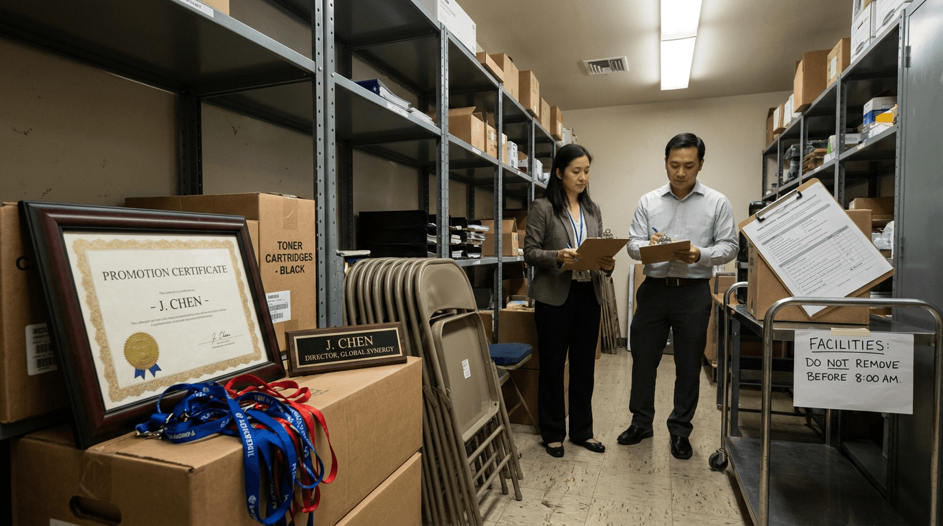 A framed promotion certificate sits between toner boxes and spare office chairs in a supply closet.