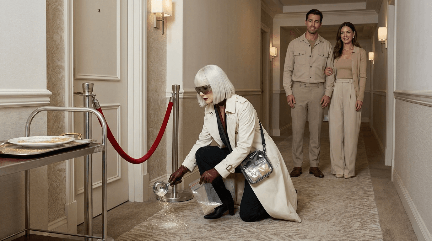 Gilda Glint collects shimmer from a hotel hallway while a fictional influencer couple poses without their shared smile.