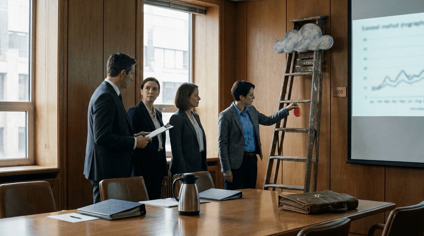Insurance adjusters inspect a ladder standing alone in a conference room with risk forms on a table.