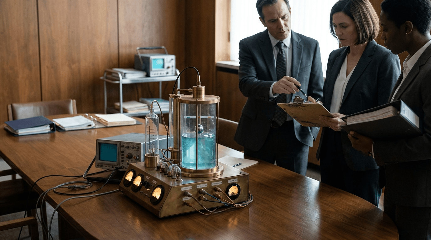 Investors review a glowing dashboard of near-results in a sleek conference room.