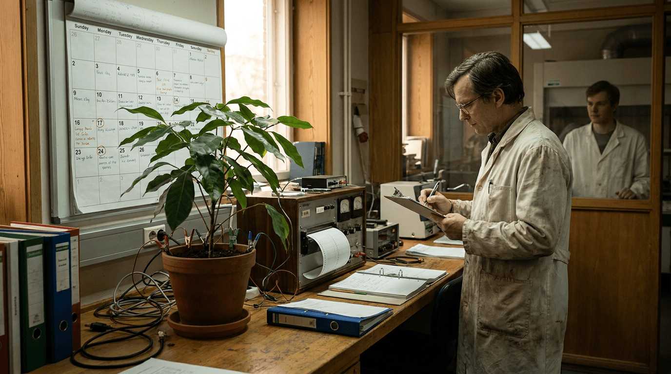 Scientists monitor potted plants arranged around a wall calendar in a bright laboratory.