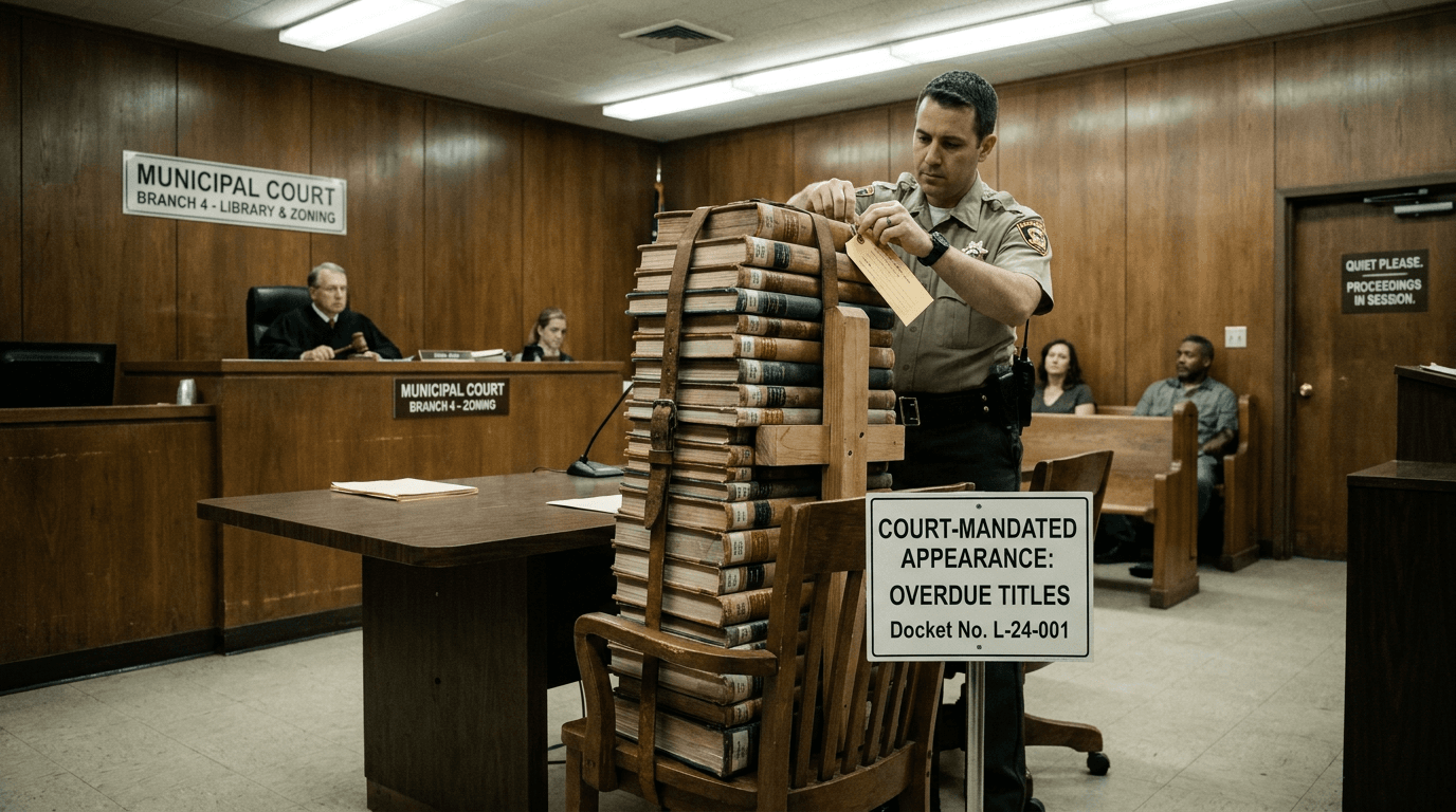 Overdue library books arranged upright at a municipal courtroom table while officials proceed normally.