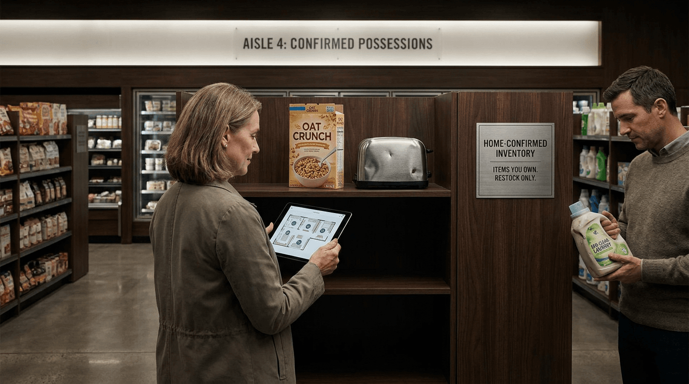An upscale grocery aisle is stocked with duplicates of a shopper's toaster, detergent, and half-used cereal box.