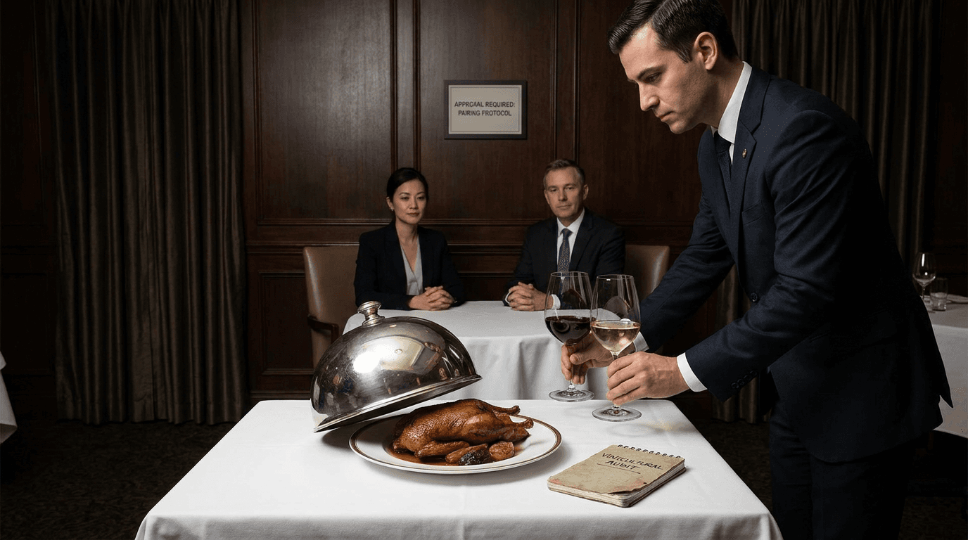A composed dinner entree at a white-tablecloth restaurant reviews wine glasses presented by a sommelier.