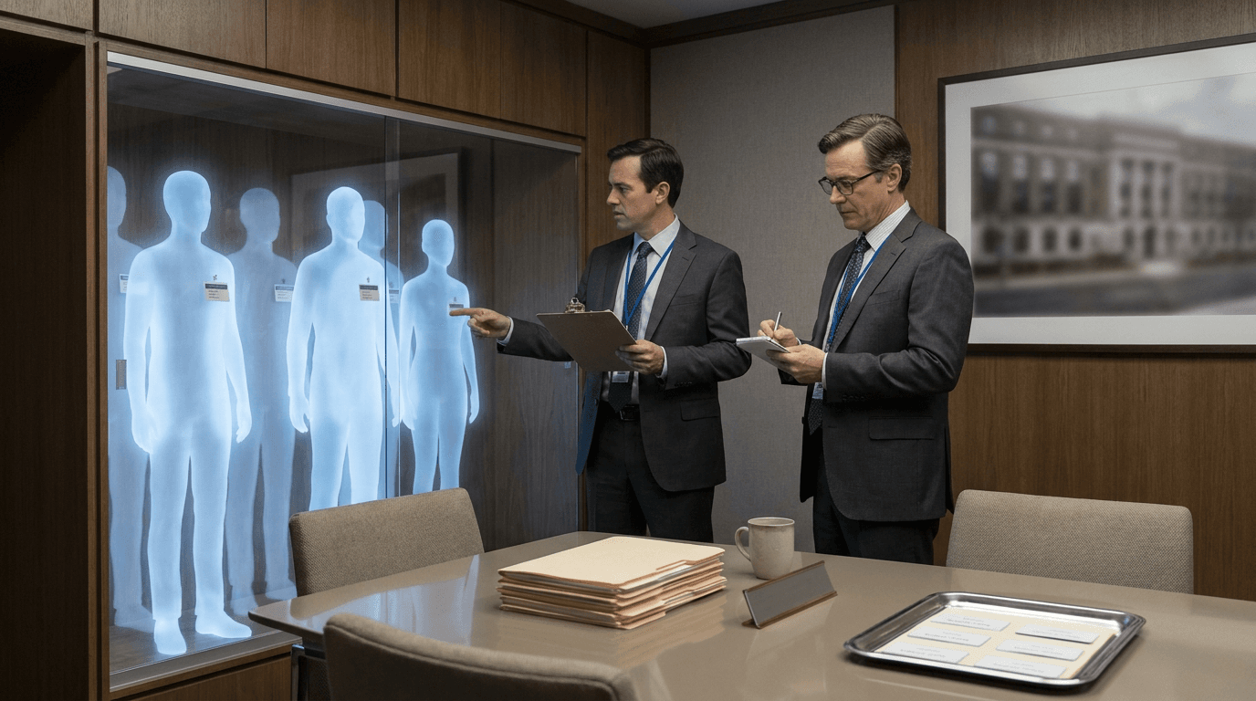 Analysts stand in a polished office lobby labeled only by folders and calm reception furniture.