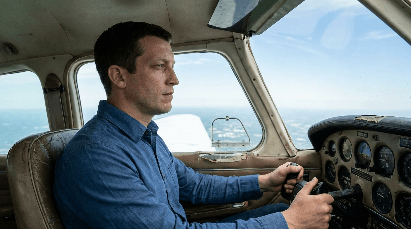 Mike piloting a small airplane while a distant patterned ground surface remains too far below to identify.