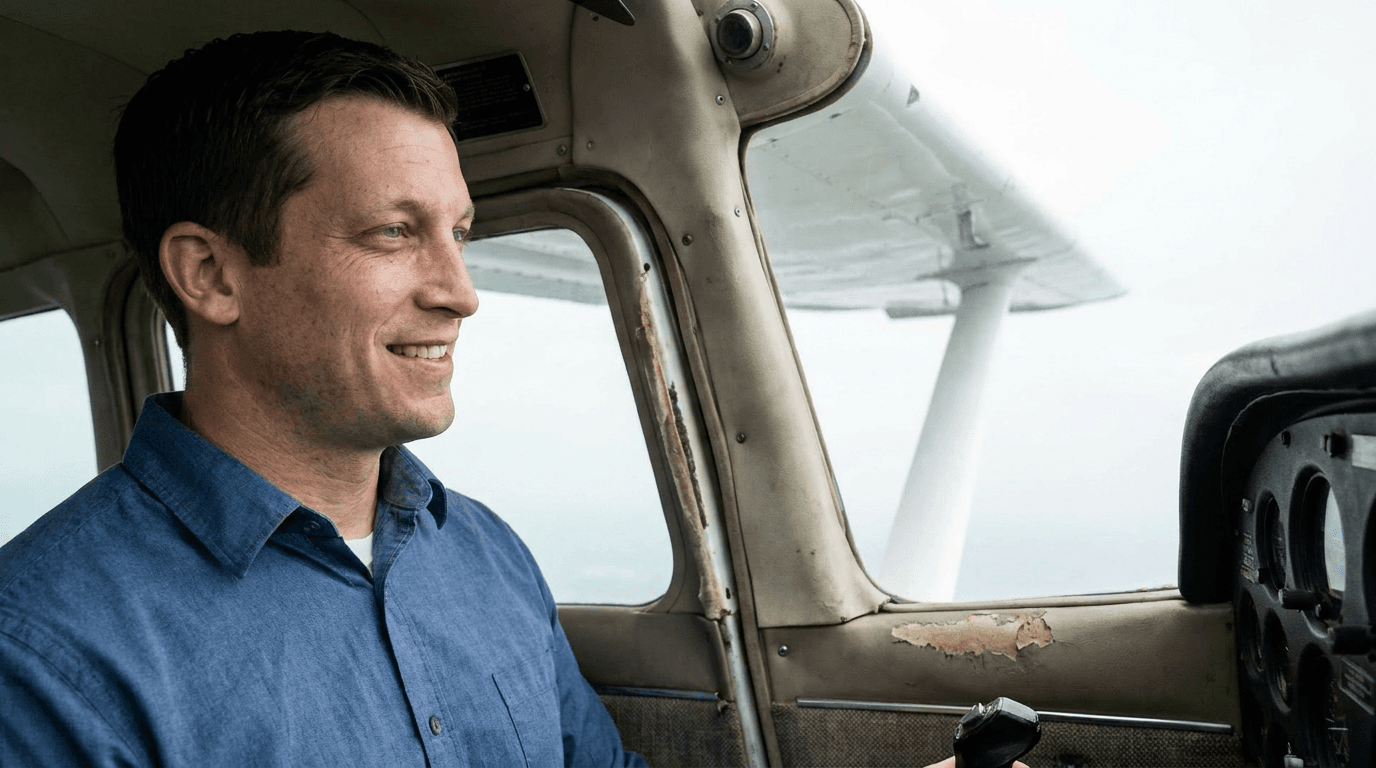 Mike in a small airplane cockpit with a wing strut visible against a quiet sky.