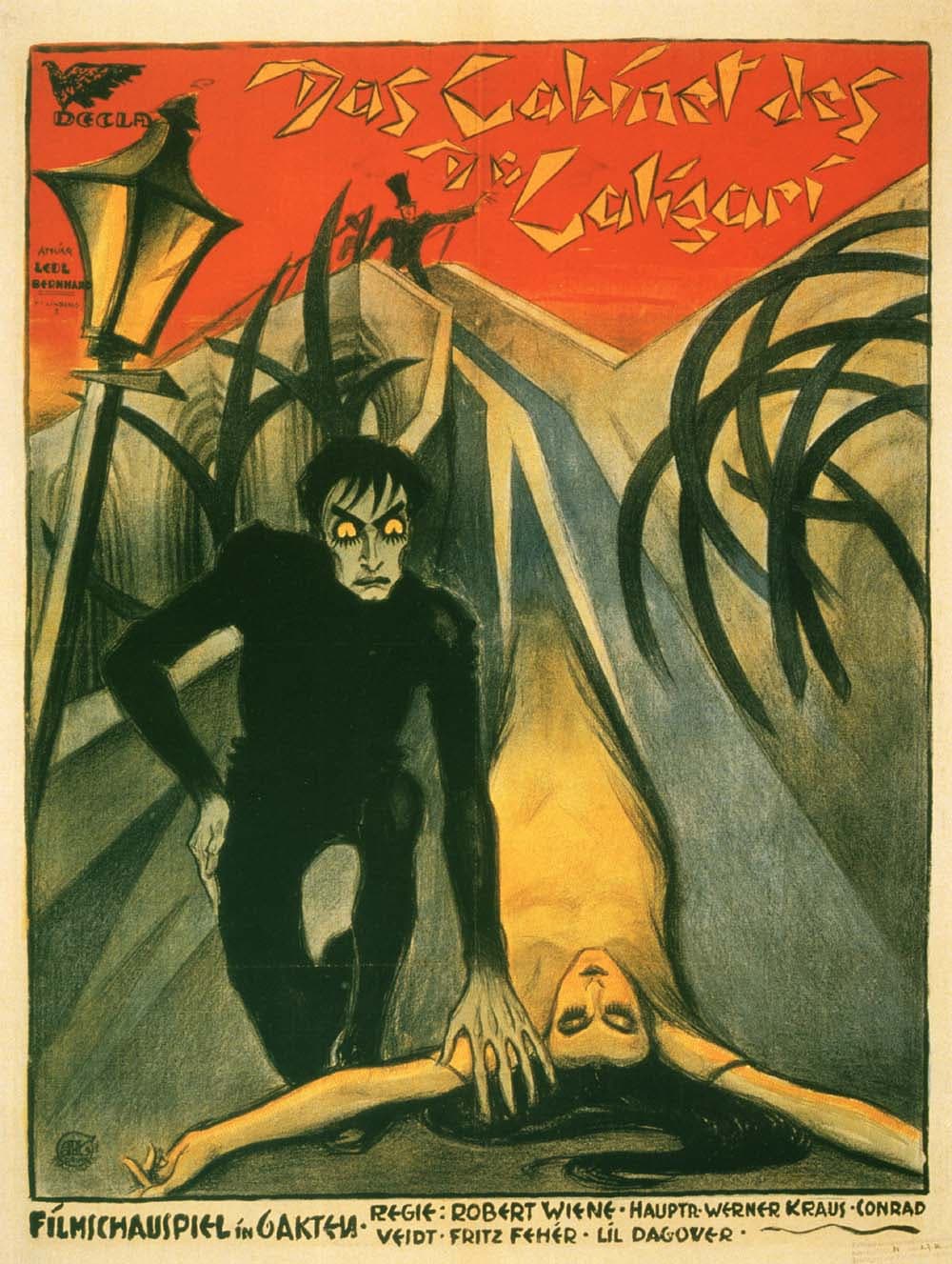 Archival poster for The Cabinet of Dr. Caligari with expressionist figures and jagged lettering.