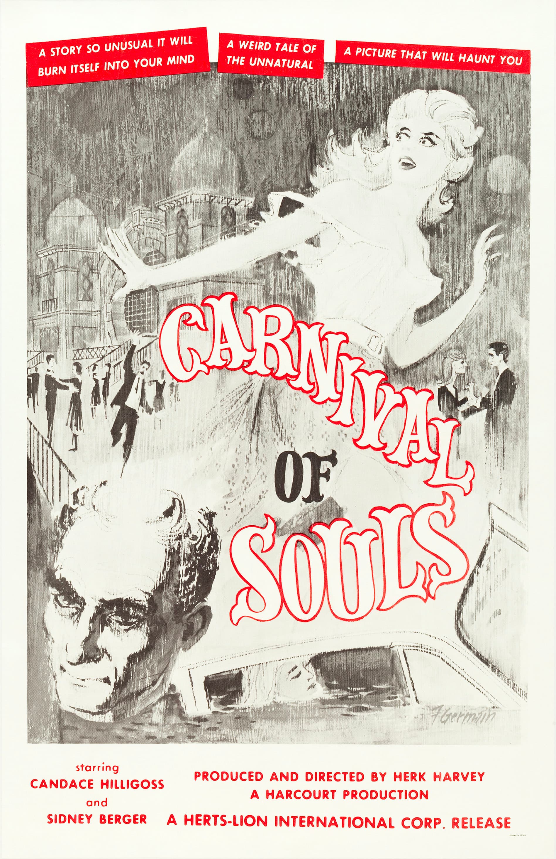 Archival one-sheet poster for Carnival of Souls with ghostly figures and carnival imagery.