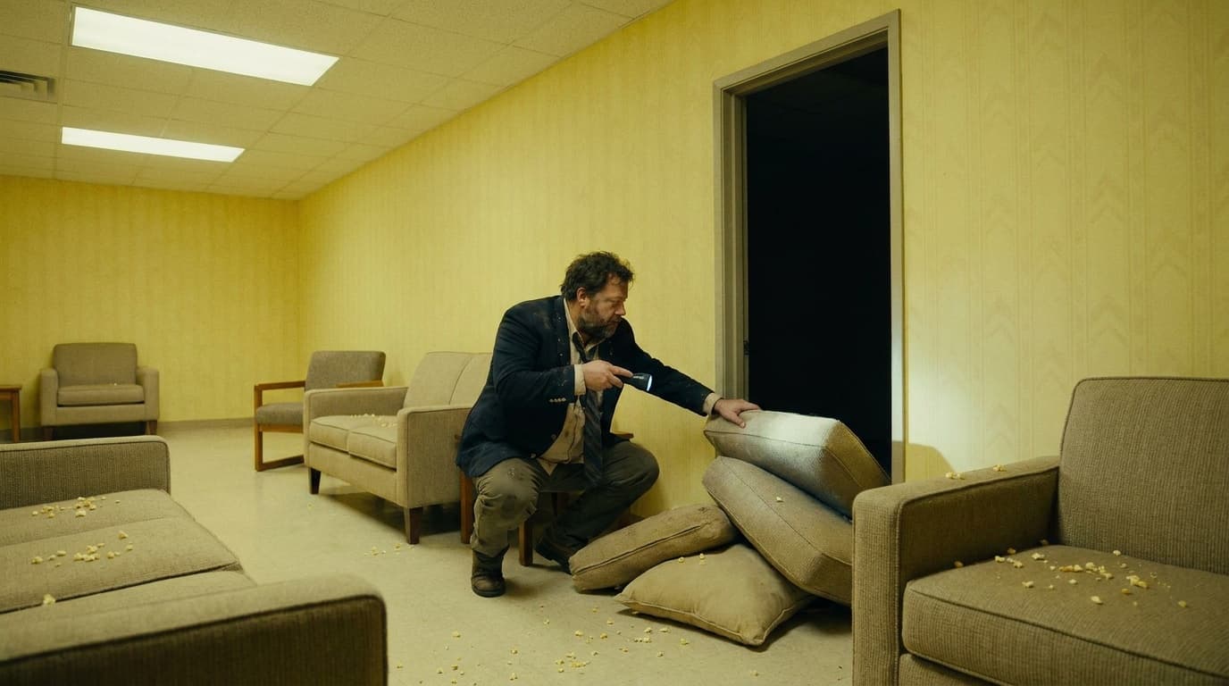 Chud Buckets inside a Backrooms-style furniture showroom basement treating a doorway like a bad child.
