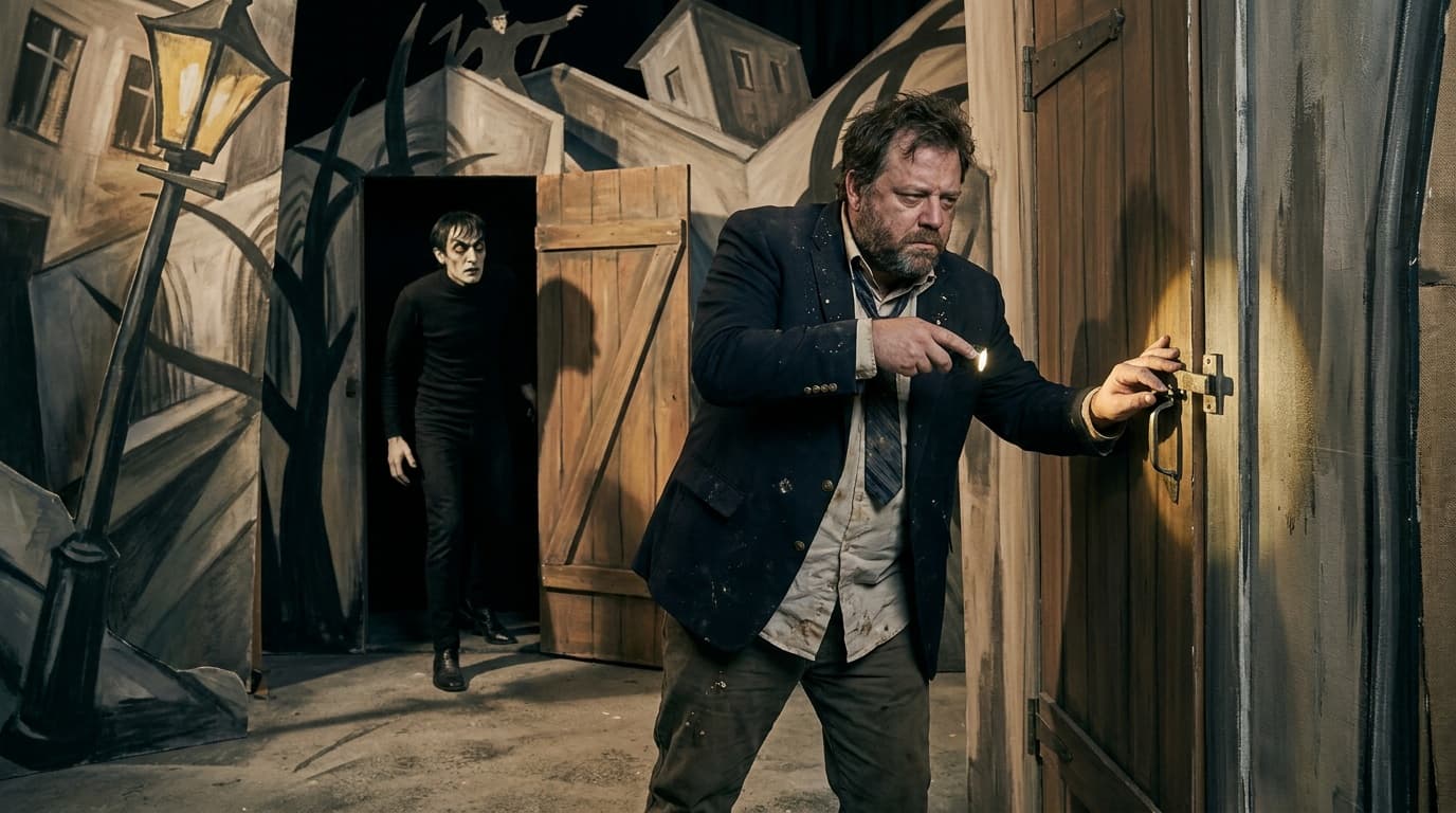Chud Buckets in an expressionist Caligari scene inspecting a cabinet as a bad clinic.