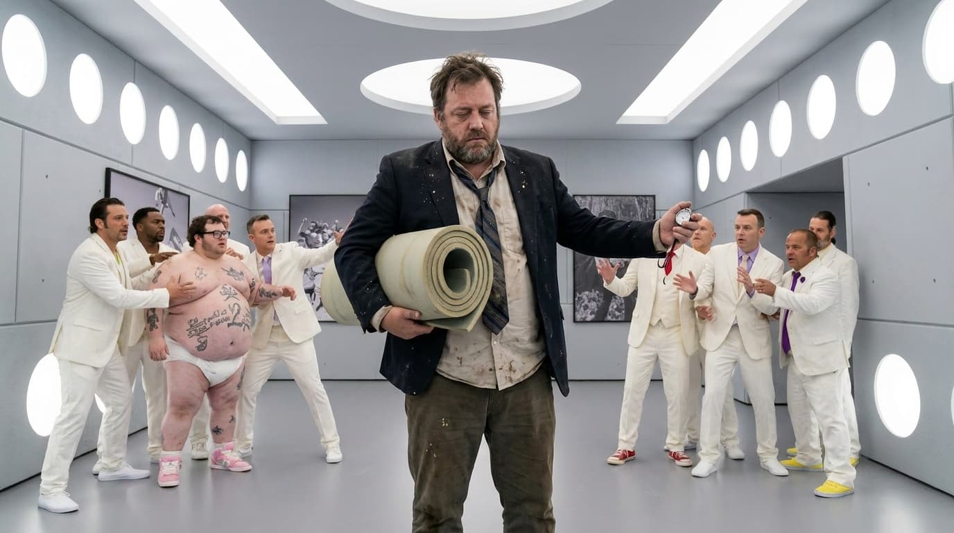 Chud Buckets in a Jackass-style stunt room trying to sort the best stunt away from the last stunt.