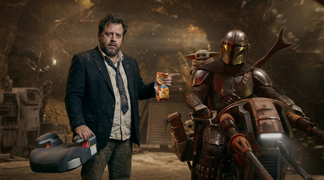 Chud Buckets inside a Mandalorian and Grogu-style space hangar offering snacks at the wrong mission briefing.