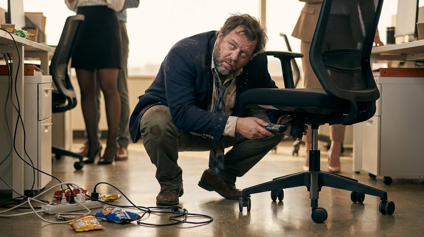 Chud Buckets inside a glossy workplace comedy image, checking whether a desk is suitable.
