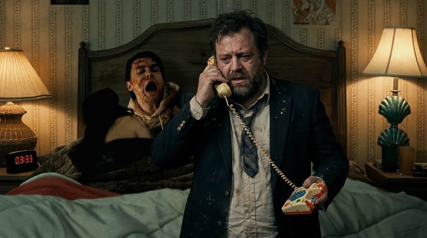 Chud Buckets in an Obsession-style horror scene holding a toy phone like the feeling hotline is responsible.