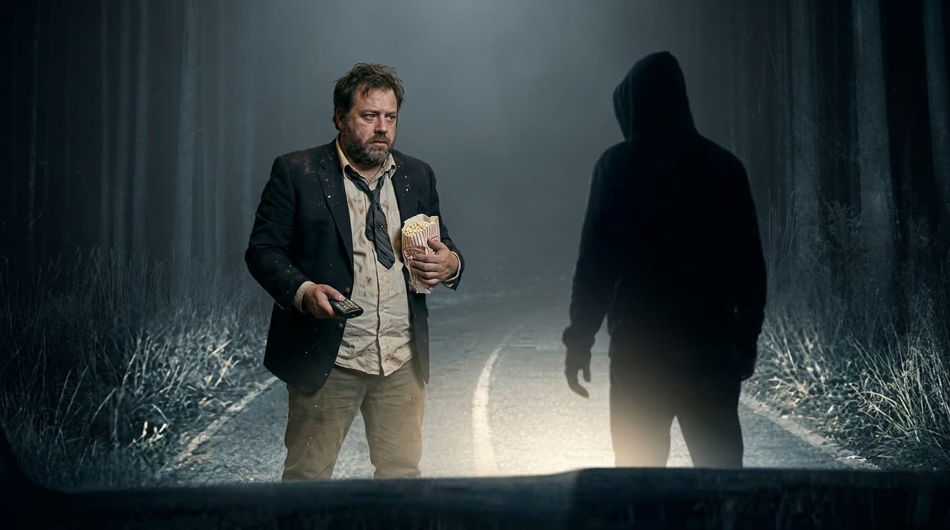 Chud Buckets in a Passenger-style road horror scene inspecting a van as if it accepted the wrong rider.