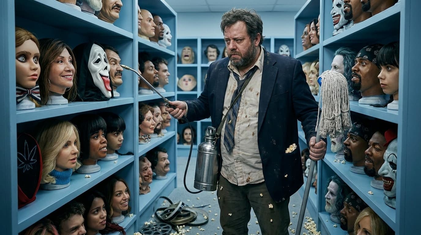 Chud Buckets in a Scary Movie-style slasher hallway treating horror parody like a pest-control emergency.