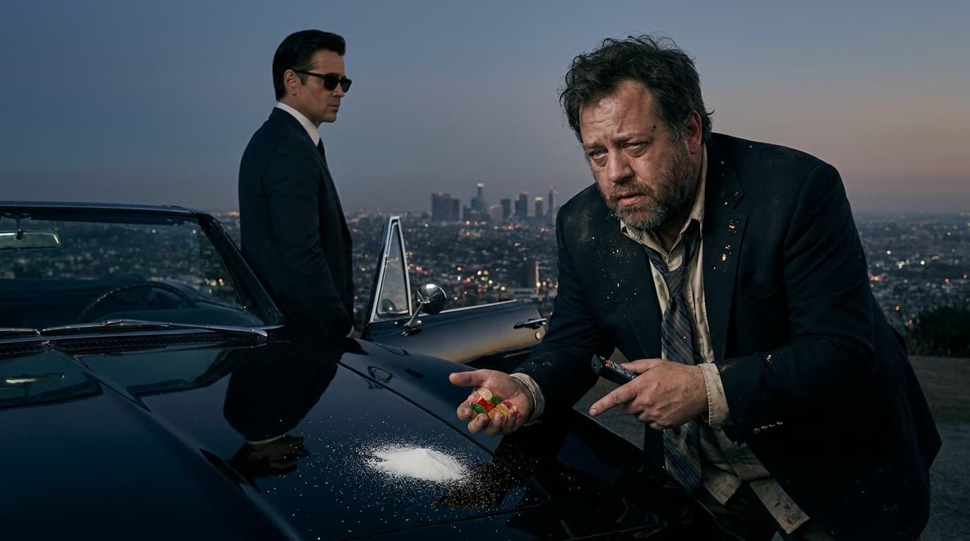 Chud Buckets inside a noir detective image holding snacks near a suspiciously serious detective.