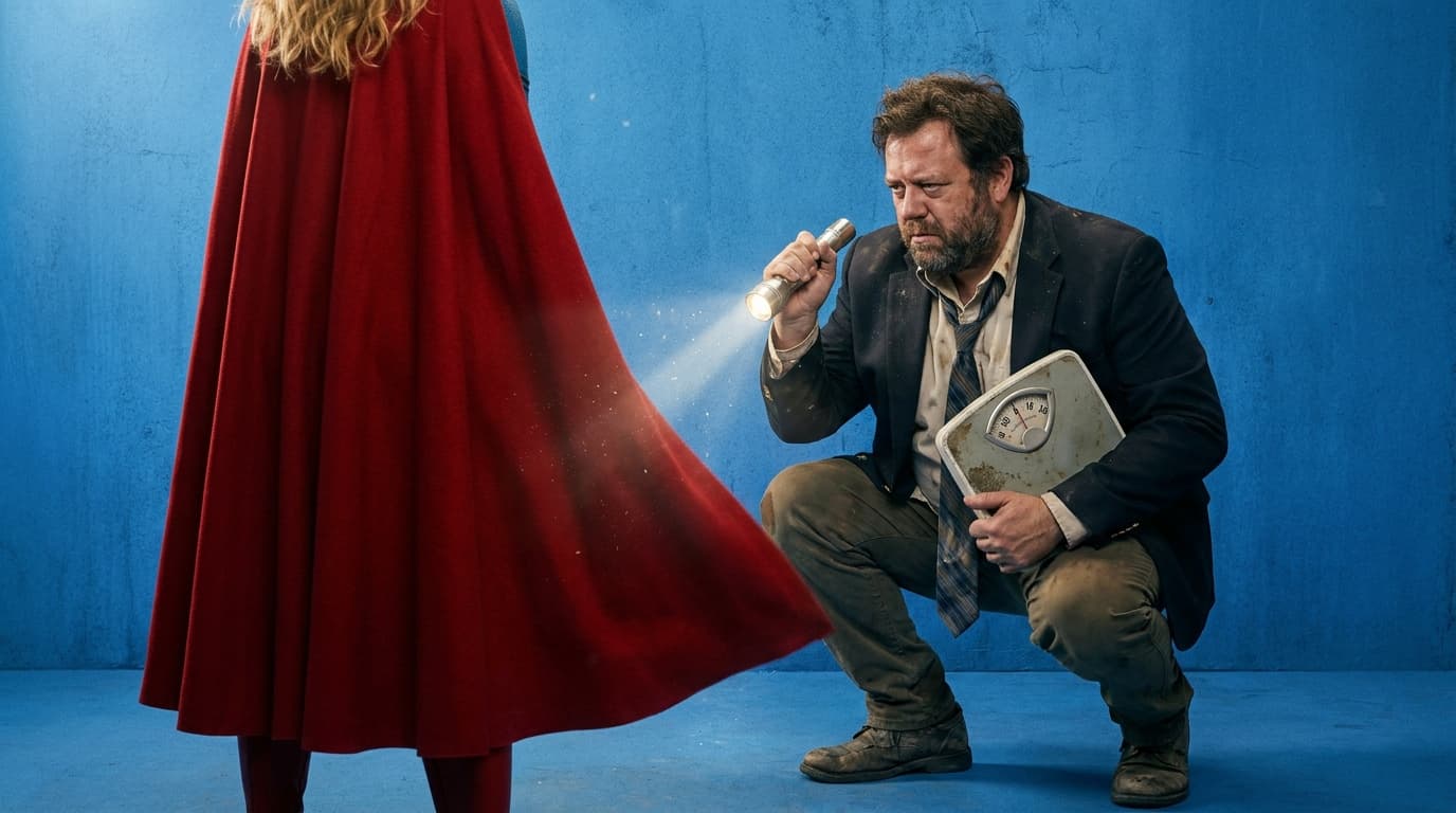 Chud Buckets in a Supergirl-style superhero scene trying to inspect the cape and the promotion status instead of the adventure.