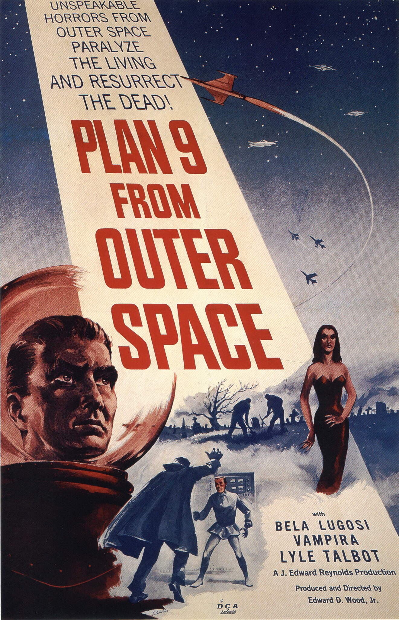 Archival poster for Plan 9 from Outer Space with flying saucers and horror figures.